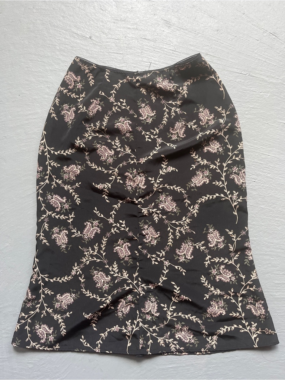 Classic Vintage Black Midi Skirt with Cream and Soft Pink Vine Print
